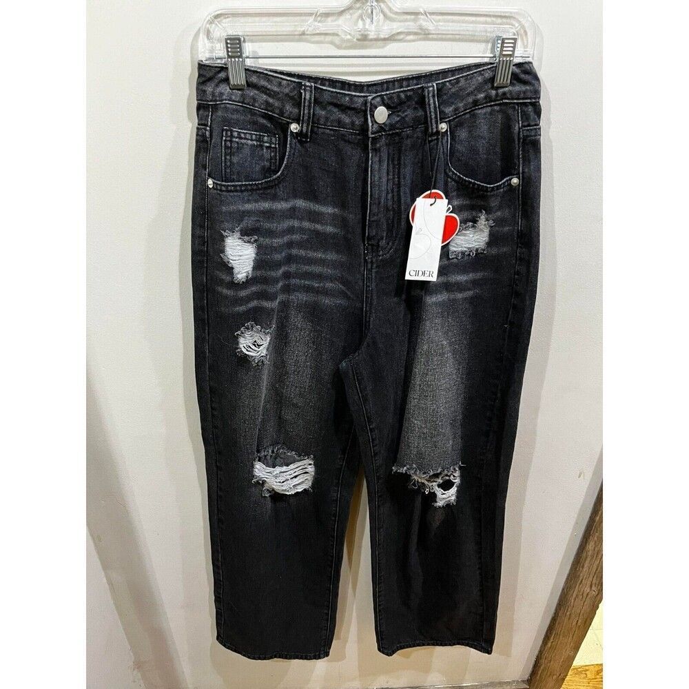 Cider Jeans Women's Size Medium 29x29 Black High Rise Baggy Wide Distressed NWT